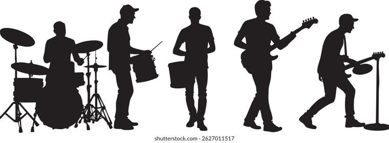 Musical band playing drums and cymbals, vector silhouette illustration.