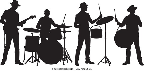 Musical band playing drums and cymbals, vector silhouette illustration.
