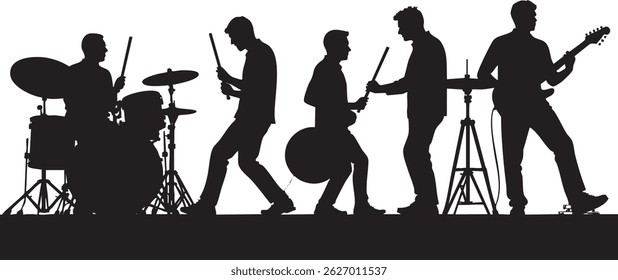Musical band playing drums and cymbals, vector silhouette illustration.