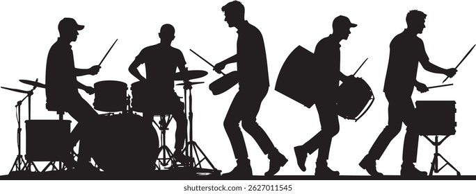 Musical band playing drums and cymbals, vector silhouette illustration.