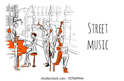 A musical band of street musicians. The Quartet plays jazz on a city street. Vector music illustration in sketch style.