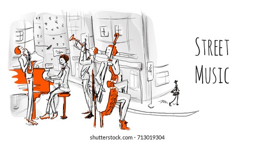 A musical band of street musicians. The Quartet plays jazz on a city street. Vector music illustration in sketch style.