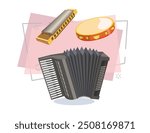 Musical band vector illustration collection. Harmonica, accordion and tambourine. Music, musical instruments and concert concept