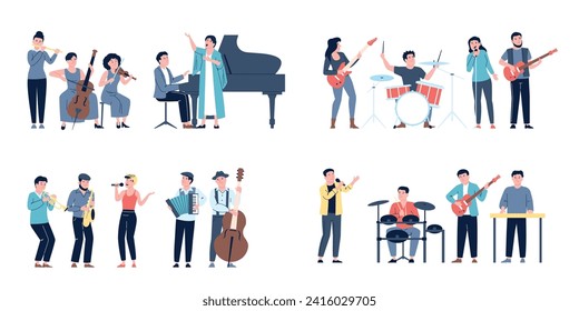 Musical bands and young artists. Musicians different style, rock, indie, classical music. Singers, entertainment workers recent vector characters