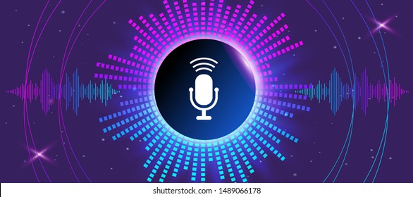 Musical banner with glowing equalizer on dark background. Voice recognition, icon microphone in center of the circle. vector Illustration.