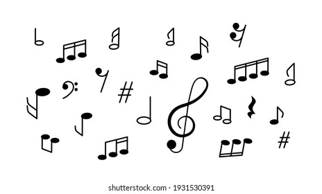 musical banner with a treble clef and a set of different notes and musical symbols. flat vector illustration isolated on white background