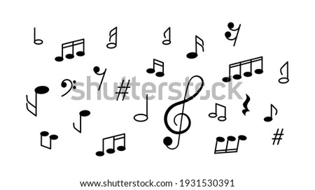 musical banner with a treble clef and a set of different notes and musical symbols. flat vector illustration isolated on white background