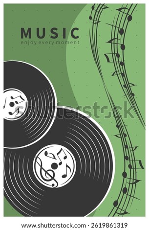 Musical banner with vinyl records and notes. Design postera for cover album, music events, invitation, advertising. Vector illustration