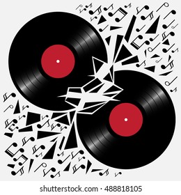 The musical battle. Crash vinyl records.  Illustration for club parties, concerts, albums, prints.
