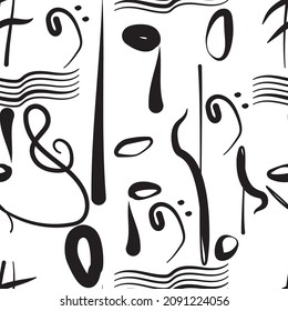 Musical black doodle seamless pattern on white background. Design suitable for wallpaper, textile, decor, paintings, exhibitions, t-shirt and clothing printing, print, wrapping paper. Isolated vector 