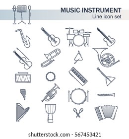 Musical black and white instruments icons set isolated. Vector classic element illustration. Saxophone cello horn guitar piano harp and others silhouette collection. Modern line style.