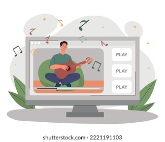 Musical blogger concept. Man sits with guitar and sings, creates interesting content for social media. Earnings on Internet, creative personality and passive income. Cartoon flat vector illustration