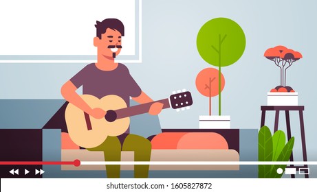 musical blogger recording online video stream for vlog male vlogger playing guitar blogging concept modern living room interior horizontal vector illustration