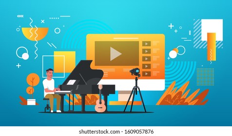 musical blogger recording online video for vlog male vlogger playing classical piano blogging concept full length horizontal vector illustration