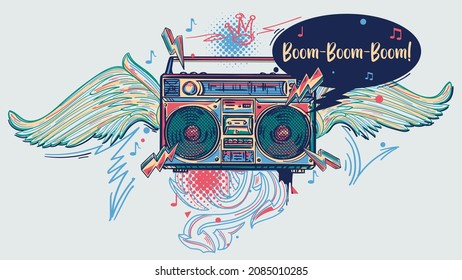 Musical boom box tape recorder with graffiti arrows and wings, colorful hand drawn music design