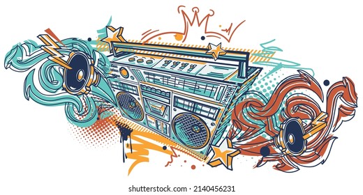 Musical boom box tape recorder and speakers with graffiti arrows, hand drawn music design