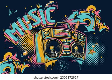 Musical boom box tape recorder  with funky graffiti background, hand drawn music design