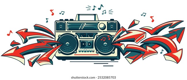 Musical boom box tape recorder  with colorful funky graffiti arrows and notes