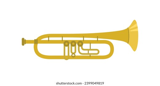 Musical brass instrument rotary three valve trumpet in gold color. Side view. Vector illustration on white isolated background.