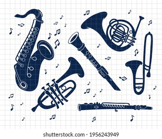 Musical brass Instruments collection. Jazz gold objects set. Silhouette vector flat illustration. Cutting file. Suitable for cutting software. Cricut, Silhouette