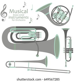 Musical brass wind instruments for orchestra. Vector illustration