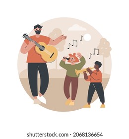 Musical camp abstract concept vector illustration. Young music talent, musical summer camp, singing course, playing instrument, final live performance, daily rehearsal on stage abstract metaphor.