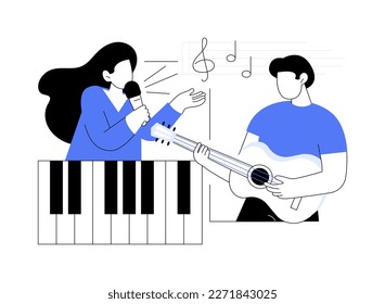 Musical camp abstract concept vector illustration. Young music talent, musical summer camp, singing course, playing instrument, final live performance, daily rehearsal on stage abstract metaphor.