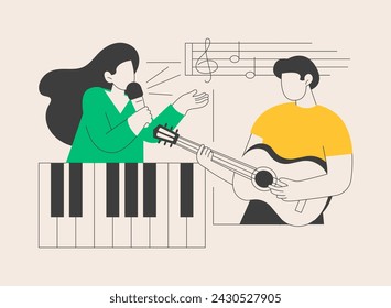 Musical camp abstract concept vector illustration. Young music talent, musical summer camp, singing course, playing instrument, final live performance, daily rehearsal on stage abstract metaphor.