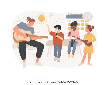 Musical camp isolated concept vector illustration. Young music talent, musical summer camp, singing course, playing instrument, final live performance, daily rehearsal on stage vector concept.