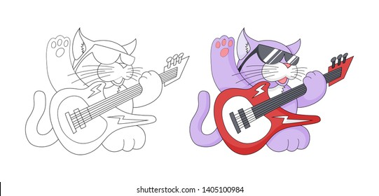 Musical cartoon animal. Childish cat with guitar. Outlined doodle coloring book page for kids. Rock and roll cat cartoon vector illustration for print design isolated on white background