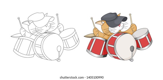 Musical cartoon animal. Childish cat with drums. Outlined doodle coloring book page for kids. Rock and roll cat cartoon vector illustration for print design isolated on white background