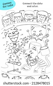 Musical Cat Show. Activity Coloring Page For Kids. Educational Game. Connect Dots From 1 To 50.