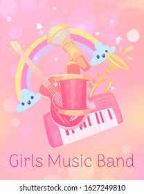 Musical children toys for girs vector illustration. Toy store, kindergarten kids games. Musical synthesizer with trumpet, guitar and cute rainbow on girlish pink background. Music toys band for girl.