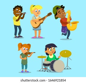Musical children's band on a white background. Singer and musicians. Vector illustration in cartoon style