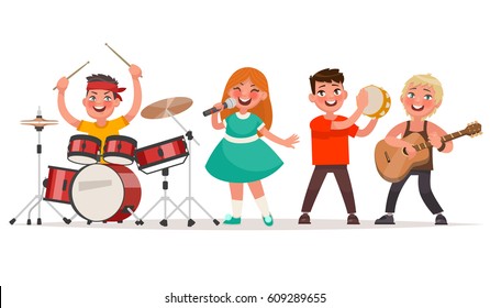 Musical children's band on a white background. Singer and musicians. Vector illustration in cartoon style