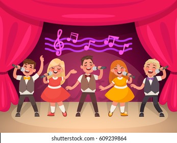 Musical children's group performs on stage. Boys and girls sing a song. Vector illustration in cartoon style