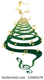 A musical Christmas tree with treble clef, notes and star.