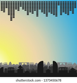 Musical city on the background of bright sky at sunrise. Vector image for web design.