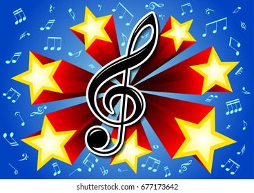 Musical clef on the background of 7 stars and lots of notes in a vector