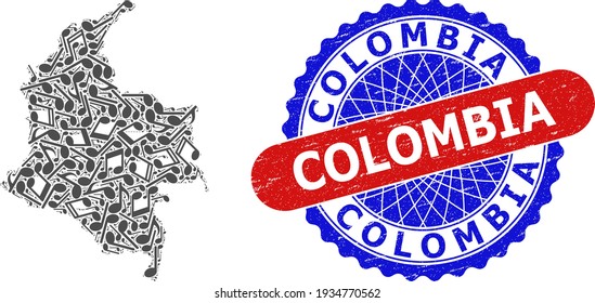 Musical Collage for Colombia Map and Bicolor Grunge Rubber Stamp