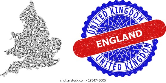 Collage musical para el mapa de Inglaterra y el sello estampado bicolor
