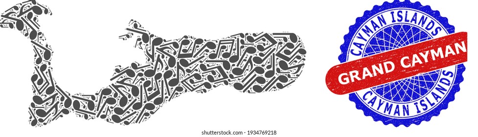 Musical Collage for Grand Cayman Island Map and Bicolor Textured Stamp Badge