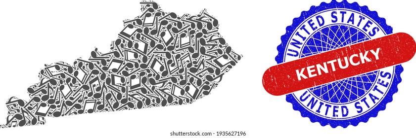 Musikalische Collage für Kentucky State Map und Bicolor Distress Seal