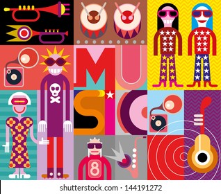 Musical collage - pop art vector illustration with people, musical instruments and inscription "Music".