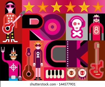 Musical collage - pop art vector illustration with people, musical instruments and inscription "Rock".