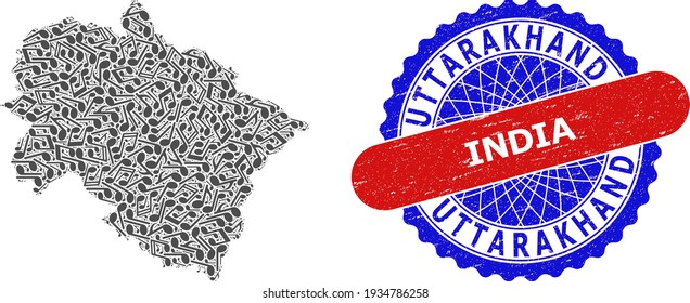 Musikalische Collage für Uttarakhand State Map und Bicolor Scratched Seal