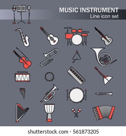 Musical colorful instruments icons set isolated. Vector classic element illustration. Saxophone cello horn guitar piano harp and others silhouette collection. Modern line style.