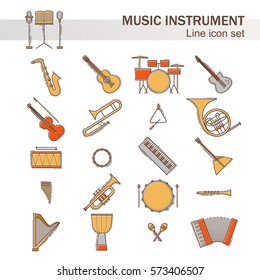 Musical colorful instruments icons set isolated. Vector classic element illustration. Saxophone cello horn guitar piano harp and others silhouette collection. Modern line style