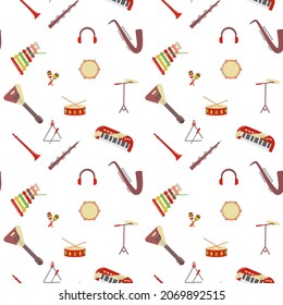 Musical colorful instruments seamless pattern. Isolated on white vector illustration.