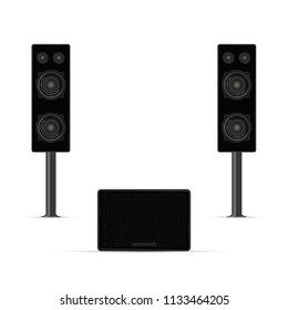 Musical Columns, Audio System, Loudspeakers and Subwoofer. Realistic Vector Illustration. Background for Poster, Banner or Presentation, Business Card.